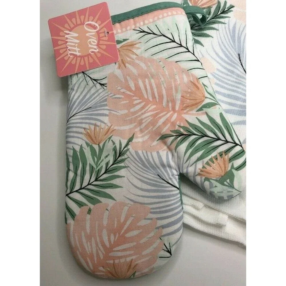 Pink Palm Kitchen Dish Towels Oven Mitt Potholder Beach Summer House Set of 4